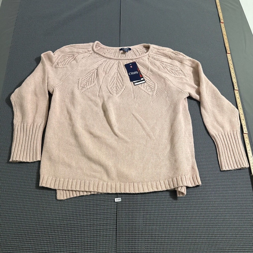Chaps Womens XL Pink Long Sleeve Pointelle Leaf Knit Crew Neck Sweater NEW
